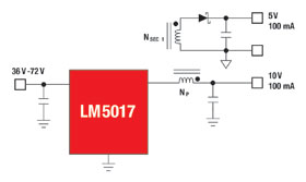 Figure 2. A Wide V<sub>IN</sub>, multi-output converter operates from a wide-input range and reduces component count, when compared to discrete controller FET circuits.